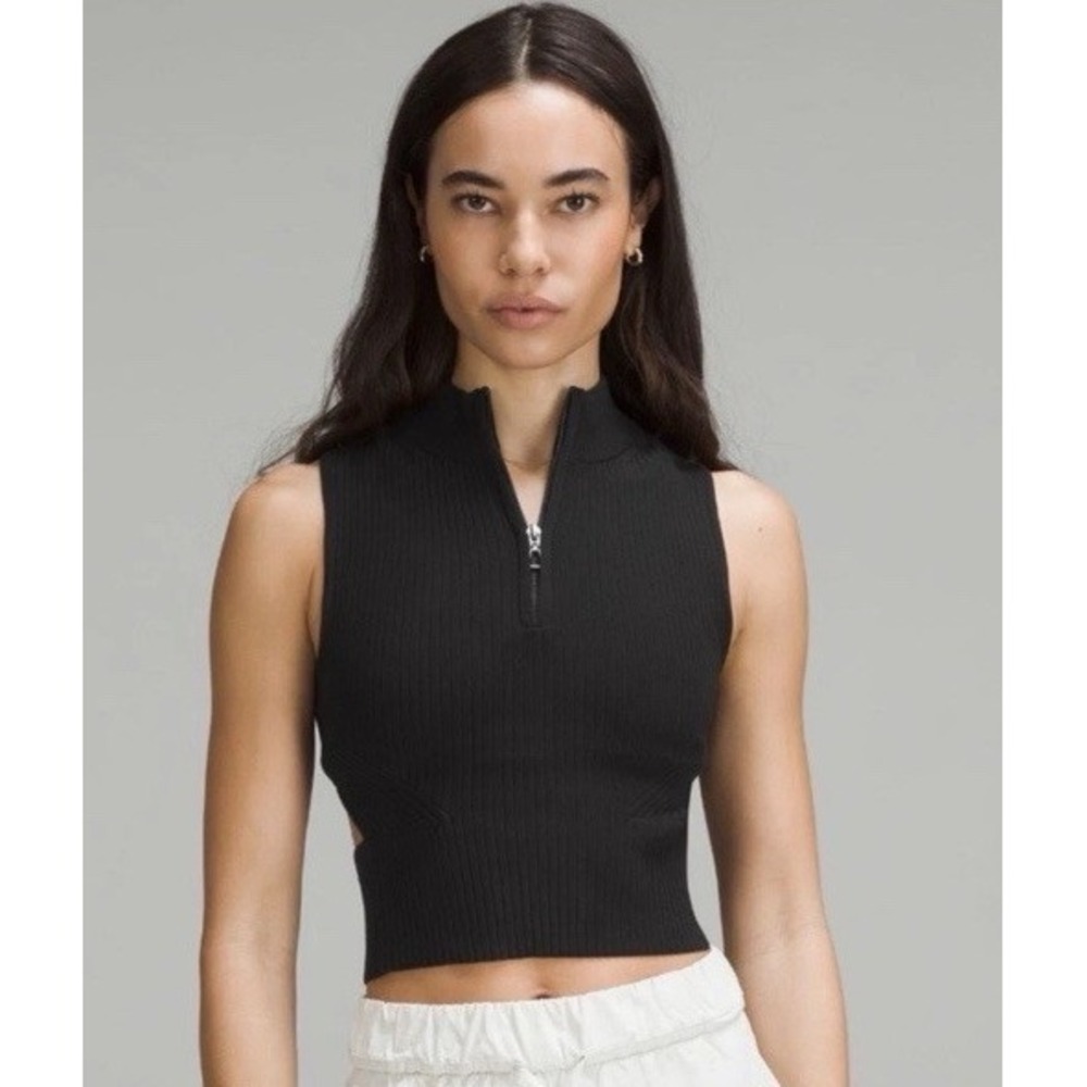 Lululemon Sleeveless Open Back Half-Zip Ribbed Knit Cropped Sweater Black XL